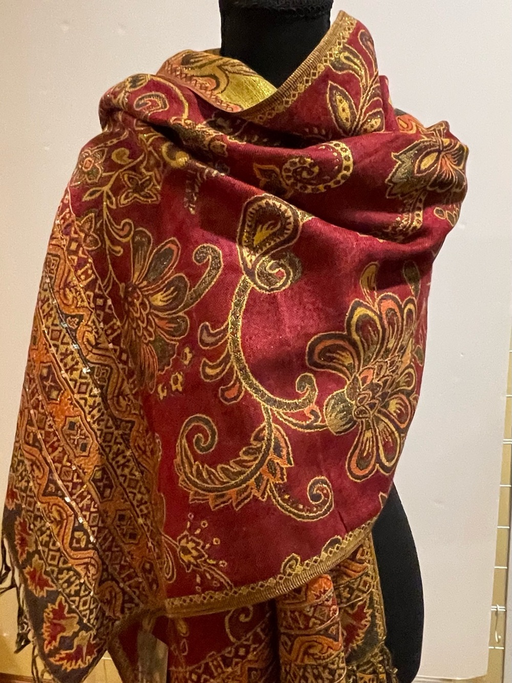 Pashmina, Burgundy, Brown & Gold, Lightweight Warmth, 26" X 68", Floral NWT